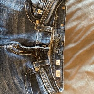 Miss Me Blue Jeans with Contrast Stitching and Distressed Finish